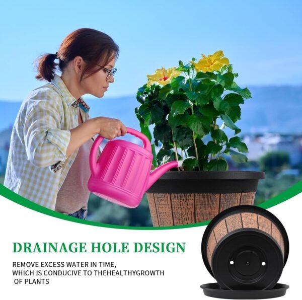 Large 4 Pack 16 inch Plant Pots,Whiskey Barrel Planters with Drainage Holes & Saucer - Image 2