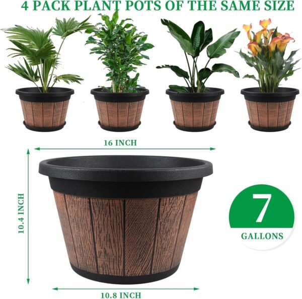 Large 4 Pack 16 inch Plant Pots,Whiskey Barrel Planters with Drainage Holes & Saucer - Image 3