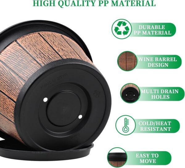 Large 4 Pack 16 inch Plant Pots,Whiskey Barrel Planters with Drainage Holes & Saucer - Image 5