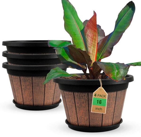 Large 4 Pack 16 inch Plant Pots,Whiskey Barrel Planters with Drainage Holes & Saucer